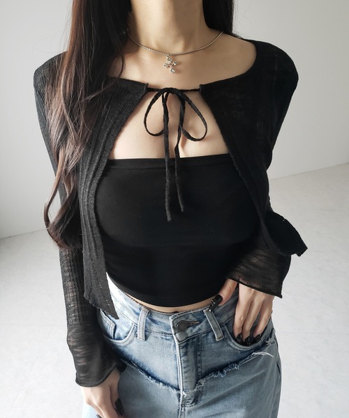 me+em select(ミームセレクト)の「【 2color 】フロントリボンシアーニットショートカーディガン / front ribbon sheer knit short cardigan(カーディガン/ボレロ・レディース・ブラック/ホワイト・FREE)」の19枚目の写真