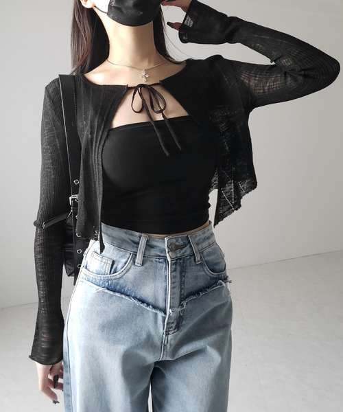 me+em select(ミームセレクト)の「【 2color 】フロントリボンシアーニットショートカーディガン / front ribbon sheer knit short cardigan(カーディガン/ボレロ・レディース・ブラック/ホワイト・FREE)」の20枚目の写真