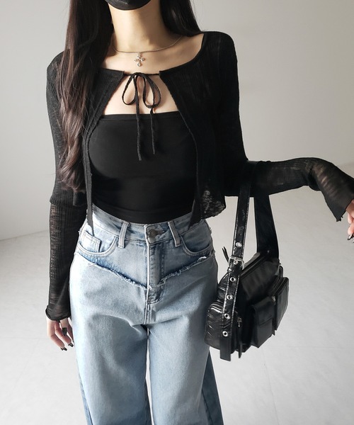 me+em select(ミームセレクト)の「【 2color 】フロントリボンシアーニットショートカーディガン / front ribbon sheer knit short cardigan(カーディガン/ボレロ・レディース・ブラック/ホワイト・FREE)」の21枚目の写真