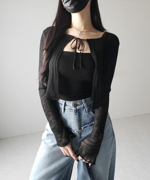 me+em select(ミームセレクト)の「【 2color 】フロントリボンシアーニットショートカーディガン / front ribbon sheer knit short cardigan(カーディガン/ボレロ・レディース・ブラック/ホワイト・FREE)」の22枚目の写真