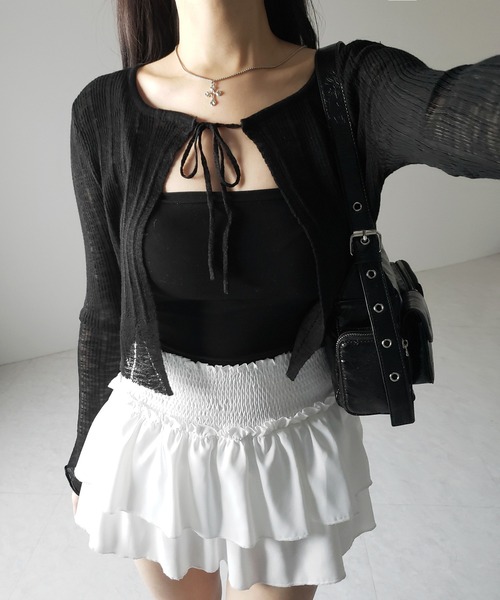me+em select(ミームセレクト)の「【 2color 】フロントリボンシアーニットショートカーディガン / front ribbon sheer knit short cardigan(カーディガン/ボレロ・レディース・ブラック/ホワイト・FREE)」の12枚目の写真