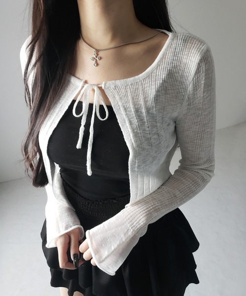 me+em select(ミームセレクト)の「【 2color 】フロントリボンシアーニットショートカーディガン / front ribbon sheer knit short cardigan(カーディガン/ボレロ・レディース・ブラック/ホワイト・FREE)」の4枚目の写真