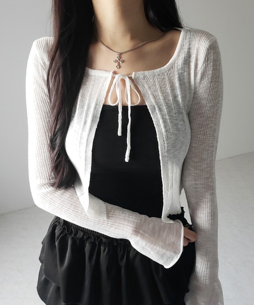 me+em select(ミームセレクト)の「【 2color 】フロントリボンシアーニットショートカーディガン / front ribbon sheer knit short cardigan(カーディガン/ボレロ・レディース・ブラック/ホワイト・FREE)」の5枚目の写真
