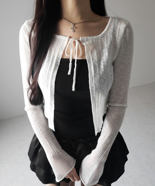 me+em select(ミームセレクト)の「【 2color 】フロントリボンシアーニットショートカーディガン / front ribbon sheer knit short cardigan(カーディガン/ボレロ・レディース・ブラック/ホワイト・FREE)」の6枚目の写真