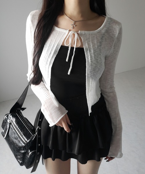 me+em select(ミームセレクト)の「【 2color 】フロントリボンシアーニットショートカーディガン / front ribbon sheer knit short cardigan(カーディガン/ボレロ・レディース・ブラック/ホワイト・FREE)」の8枚目の写真