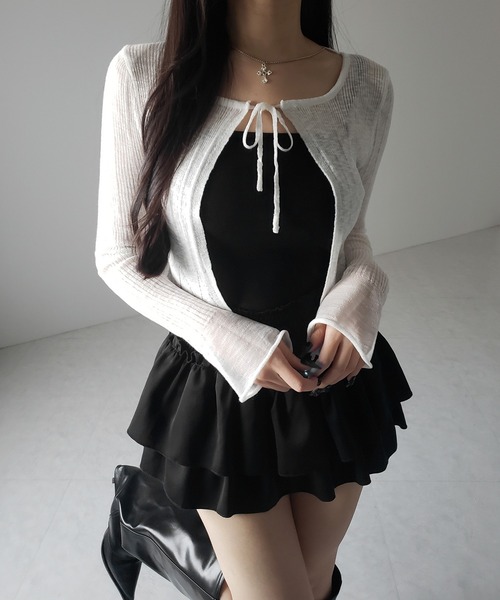 me+em select(ミームセレクト)の「【 2color 】フロントリボンシアーニットショートカーディガン / front ribbon sheer knit short cardigan(カーディガン/ボレロ・レディース・ブラック/ホワイト・FREE)」の9枚目の写真