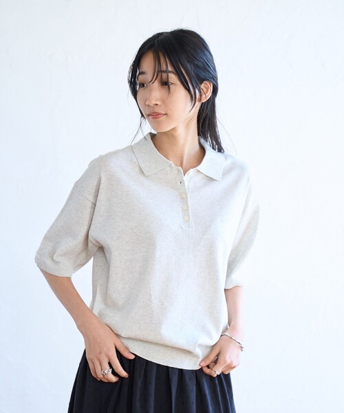 coen（コーエン）の「サラコポロサマーニット（ニット/セーター・レディース・クリーム/ダークグレー/ライトグレー・M/L）」の4枚目の写真
