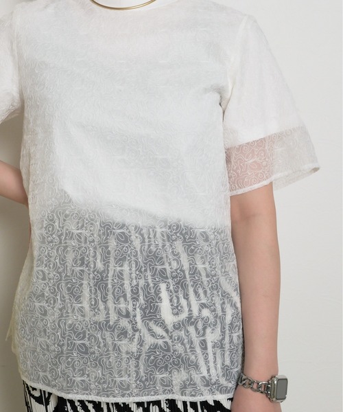 tシャツ 刺繍レースドッキングトップスシアーレイヤード バックリボン テープデザイン レディース DFFUR. tシャツ シアー刺繍レーストップス レディース