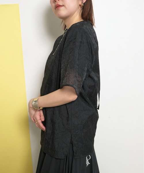 tシャツ 刺繍レースドッキングトップスシアーレイヤード バックリボン テープデザイン レディース palm RICHE tシャツ 刺繍レースドッキングトップスシアー