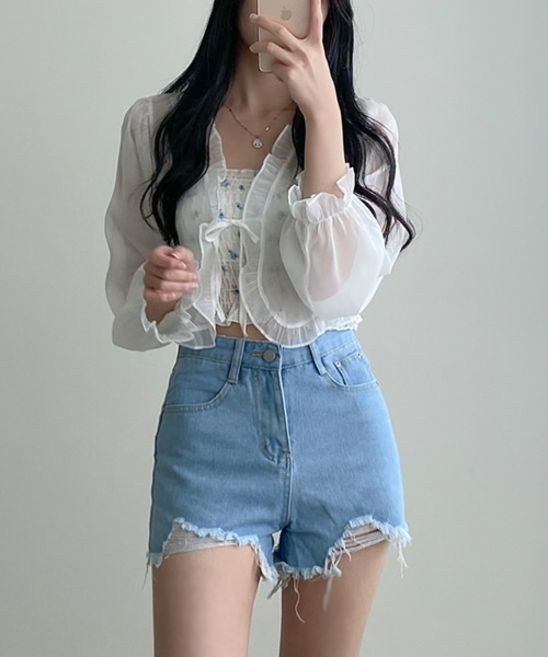 筆書き柄ショート丈ブラウスカーデ 韓国ガーリーショート丈フリルドット柄ブラウス | selectshop