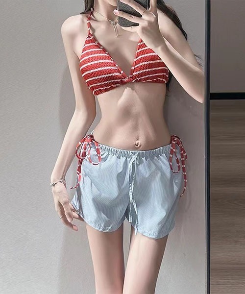 セール】ストライプレディース ビキニ+ショートパンツ 上下3点