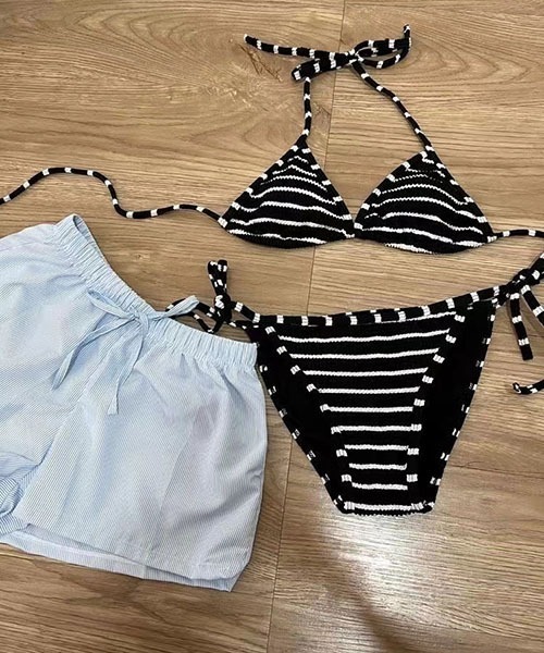 3点セット ビキニ上下セット + ストライプパンツ スパコーデ セール】ストライプレディース ビキニ+ショートパンツ 上下3点
