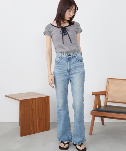 Auntie Rosa Holiday(アンティローザホリデー)の「レースアップボーダーコンパクトTEE(Tシャツ/カットソー・レディース・ブラック/ネイビー・FREE)」の7枚目の写真