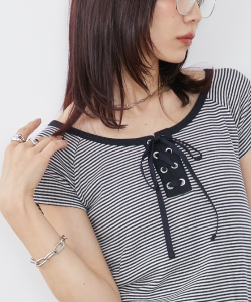 Auntie Rosa Holiday(アンティローザホリデー)の「レースアップボーダーコンパクトTEE(Tシャツ/カットソー・レディース・ブラック/ネイビー・FREE)」の12枚目の写真