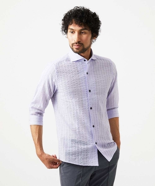 MICHEL KLEIN HOMME (ミッシェルクランオム)の「リップルストライプ七分袖シャツ(シャツ/ブラウス・メンズ・ホワイト/ネイビー/ダークグレー/ラベンダー・MEDIUM/LARGE/X-LARGE)」の4枚目の写真