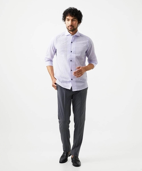 MICHEL KLEIN HOMME (ミッシェルクランオム)の「リップルストライプ七分袖シャツ(シャツ/ブラウス・メンズ・ホワイト/ネイビー/ダークグレー/ラベンダー・MEDIUM/LARGE/X-LARGE)」の9枚目の写真
