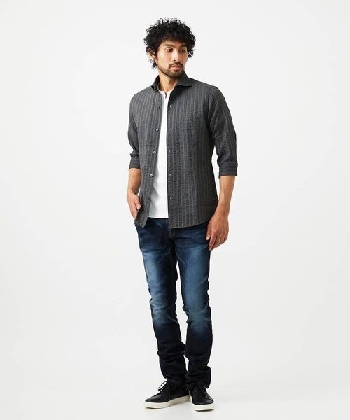 MICHEL KLEIN HOMME (ミッシェルクランオム)の「リップルストライプ七分袖シャツ(シャツ/ブラウス・メンズ・ホワイト/ネイビー/ダークグレー/ラベンダー・MEDIUM/LARGE/X-LARGE)」の7枚目の写真