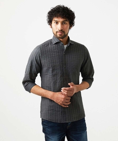 MICHEL KLEIN HOMME (ミッシェルクランオム)の「リップルストライプ七分袖シャツ(シャツ/ブラウス・メンズ・ホワイト/ネイビー/ダークグレー/ラベンダー・MEDIUM/LARGE/X-LARGE)」の8枚目の写真
