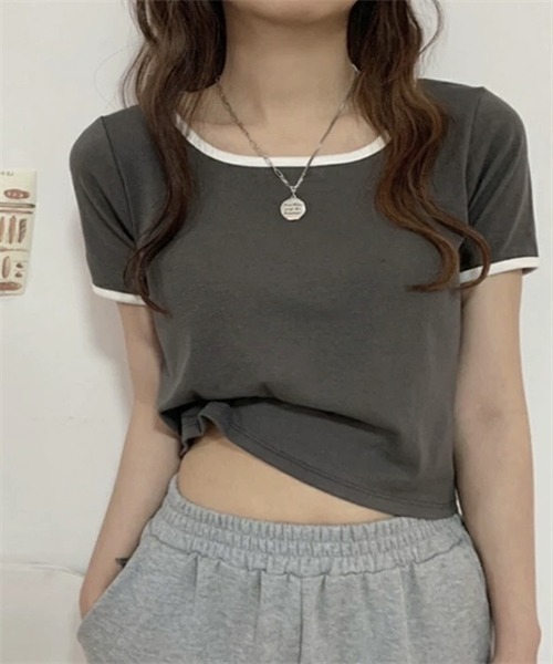 FREE STYLISTS(フリー スタイリスト)の「配色ライン半袖Tシャツ(Tシャツ/カットソー・レディース・グレー/ブラック・M/L/XL)」の2枚目の写真