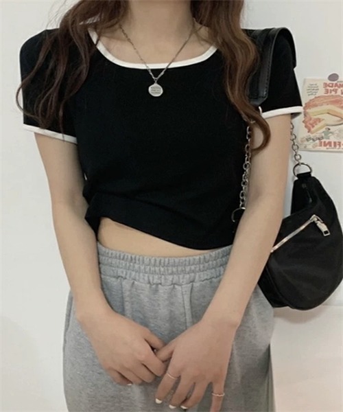 FREE STYLISTS(フリー スタイリスト)の「配色ライン半袖Tシャツ(Tシャツ/カットソー・レディース・グレー/ブラック・M/L/XL)」の1枚目の写真