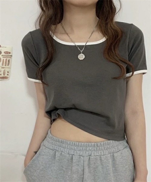 FREE STYLISTS(フリー スタイリスト)の「配色ライン半袖Tシャツ(Tシャツ/カットソー・レディース・グレー/ブラック・M/L/XL)」の7枚目の写真