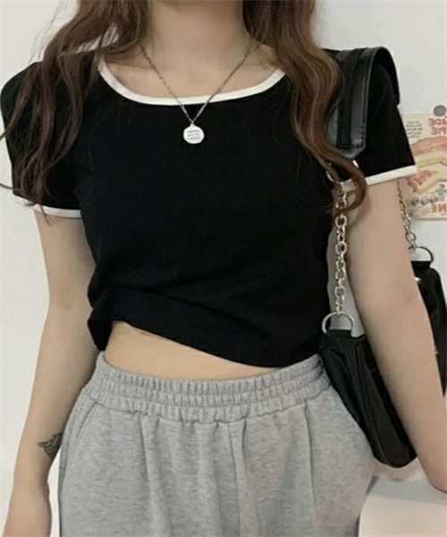 FREE STYLISTS(フリー スタイリスト)の「配色ライン半袖Tシャツ(Tシャツ/カットソー・レディース・グレー/ブラック・M/L/XL)」の6枚目の写真