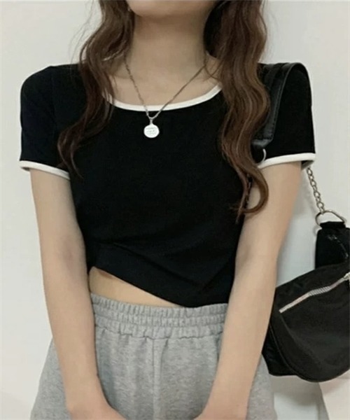 FREE STYLISTS(フリー スタイリスト)の「配色ライン半袖Tシャツ(Tシャツ/カットソー・レディース・グレー/ブラック・M/L/XL)」の4枚目の写真