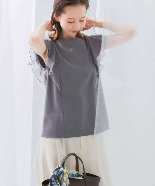 【URBAN　RESEARCH　ROSSO】シアードッキングフリルスリーブTシャツ シアードッキングフリルスリーブTシャツ[RAA5-21S506]｜URBAN