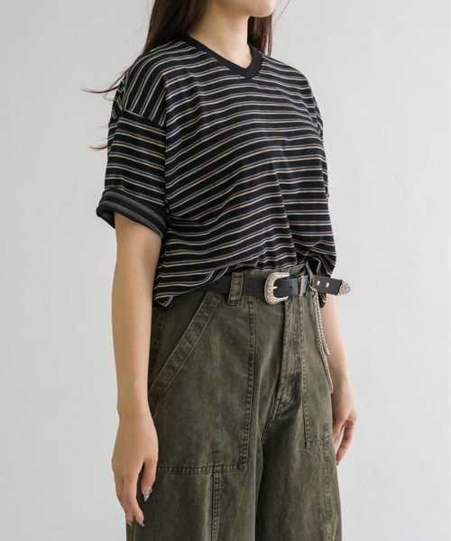 EPNK（イーピーエヌケー）の「【EPNK】V-neck border tee / Vネックボーダーtee（Tシャツ/カットソー・メンズ・杢グレー/ブラック/カーキ・SMALL/MEDIUM/LARGE）」の8枚目の写真