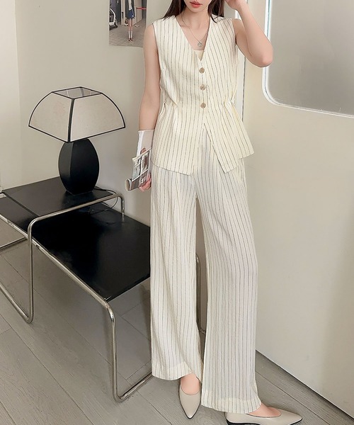 限定値下げ！即日配送美品！wacomaria DORMEUIベージュスーツセット レティカ Retica ノーカラー縁取りパールツイードジャケットパンツ