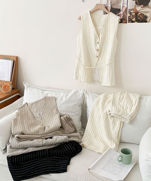 セール】ベルト付きVネックノースリーブベスト ワイドパンツ