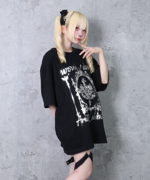 新品　アミリージュ　蝶のグラフィック バタフライプリントZIPTシャツ Free クロス羽箔プリントTシャツ（Tシャツ/カットソー）｜Amilige