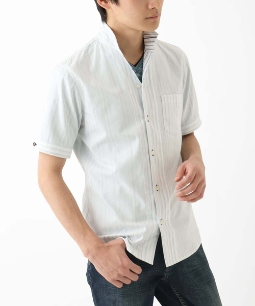 MK MICHEL KLEIN HOMME （エムケーミッシェルクランオム）の「【残りわずか/在庫限り！/日本製生地使用】ドビーリバーシブルストライプ半袖シャツ（シャツ/ブラウス・メンズ・ボルドー/ホワイト/ダークインディゴブルー・46/48/51）」の2枚目の写真