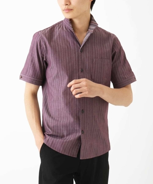 MK MICHEL KLEIN HOMME （エムケーミッシェルクランオム）の「【残りわずか/在庫限り！/日本製生地使用】ドビーリバーシブルストライプ半袖シャツ（シャツ/ブラウス・メンズ・ボルドー/ホワイト/ダークインディゴブルー・46/48/51）」の3枚目の写真