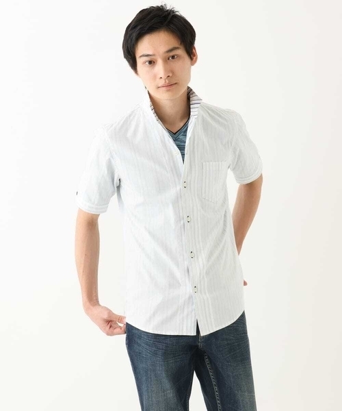 MK MICHEL KLEIN HOMME （エムケーミッシェルクランオム）の「【残りわずか/在庫限り！/日本製生地使用】ドビーリバーシブルストライプ半袖シャツ（シャツ/ブラウス・メンズ・ボルドー/ホワイト/ダークインディゴブルー・46/48/51）」の20枚目の写真