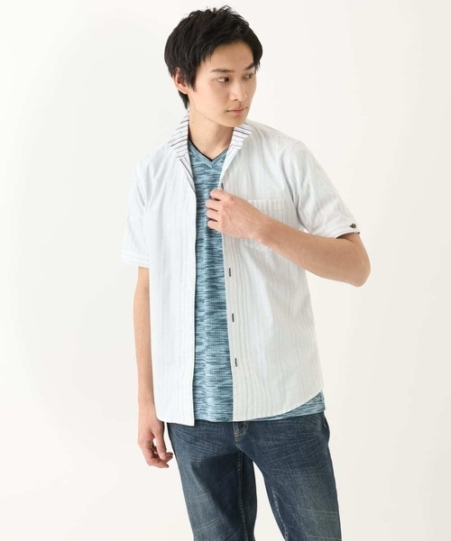 MK MICHEL KLEIN HOMME （エムケーミッシェルクランオム）の「【残りわずか/在庫限り！/日本製生地使用】ドビーリバーシブルストライプ半袖シャツ（シャツ/ブラウス・メンズ・ボルドー/ホワイト/ダークインディゴブルー・46/48/51）」の19枚目の写真