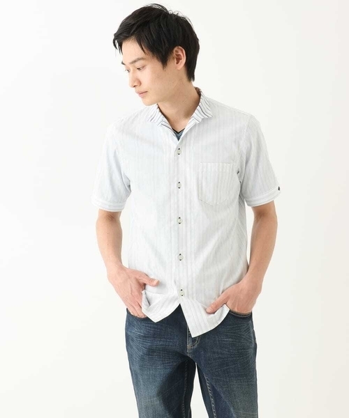 MK MICHEL KLEIN HOMME （エムケーミッシェルクランオム）の「【残りわずか/在庫限り！/日本製生地使用】ドビーリバーシブルストライプ半袖シャツ（シャツ/ブラウス・メンズ・ボルドー/ホワイト/ダークインディゴブルー・46/48/51）」の16枚目の写真