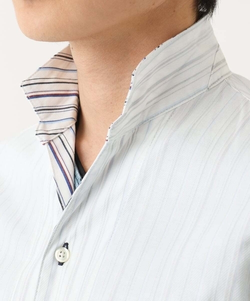 MK MICHEL KLEIN HOMME （エムケーミッシェルクランオム）の「【残りわずか/在庫限り！/日本製生地使用】ドビーリバーシブルストライプ半袖シャツ（シャツ/ブラウス・メンズ・ボルドー/ホワイト/ダークインディゴブルー・46/48/51）」の8枚目の写真