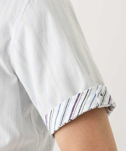 MK MICHEL KLEIN HOMME （エムケーミッシェルクランオム）の「【残りわずか/在庫限り！/日本製生地使用】ドビーリバーシブルストライプ半袖シャツ（シャツ/ブラウス・メンズ・ボルドー/ホワイト/ダークインディゴブルー・46/48/51）」の7枚目の写真