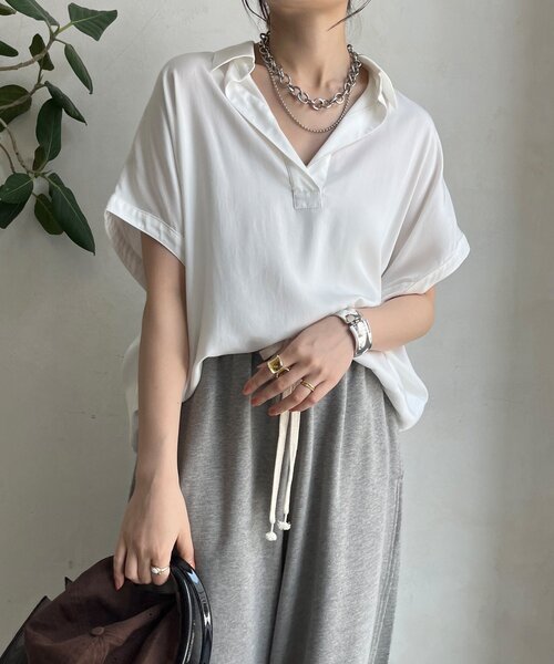 DouDou(ドゥドゥ)の「リヨセルツイルスキッパーシャツ(シャツ/ブラウス・レディース・ブラック/オフホワイト/モカ・FREE)」の2枚目の写真