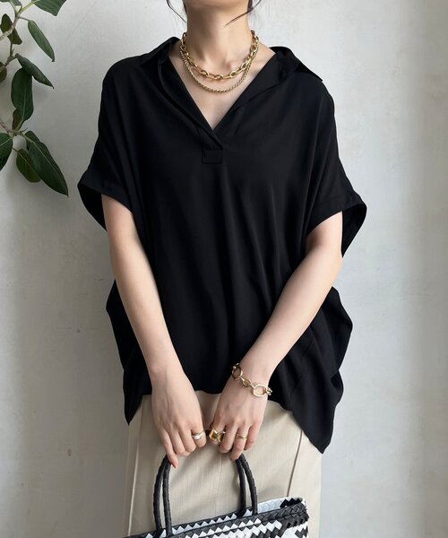 DouDou(ドゥドゥ)の「リヨセルツイルスキッパーシャツ(シャツ/ブラウス・レディース・ブラック/オフホワイト/モカ・FREE)」の3枚目の写真