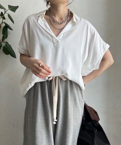 DouDou(ドゥドゥ)の「リヨセルツイルスキッパーシャツ(シャツ/ブラウス・レディース・ブラック/オフホワイト/モカ・FREE)」の10枚目の写真