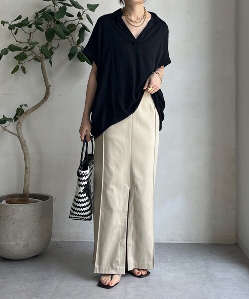 DouDou(ドゥドゥ)の「リヨセルツイルスキッパーシャツ(シャツ/ブラウス・レディース・ブラック/オフホワイト/モカ・FREE)」の22枚目の写真