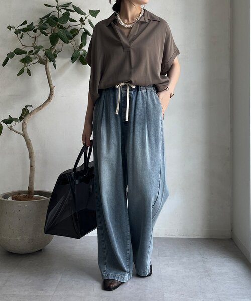 DouDou(ドゥドゥ)の「リヨセルツイルスキッパーシャツ(シャツ/ブラウス・レディース・ブラック/オフホワイト/モカ・FREE)」の14枚目の写真