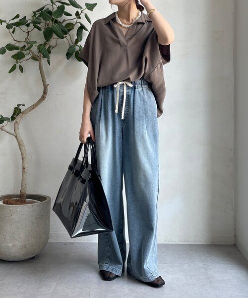 DouDou(ドゥドゥ)の「リヨセルツイルスキッパーシャツ(シャツ/ブラウス・レディース・ブラック/オフホワイト/モカ・FREE)」の15枚目の写真