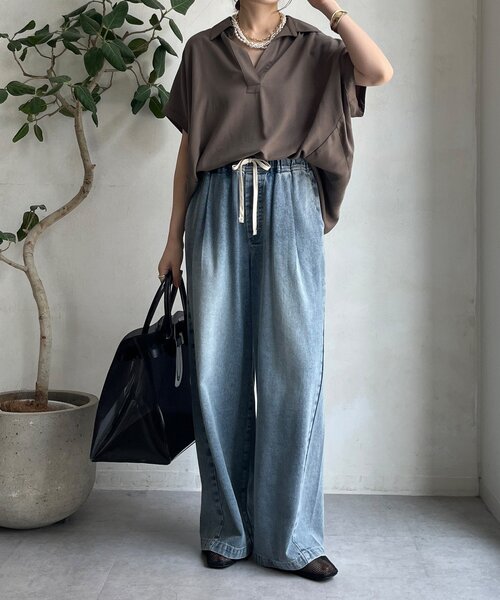 DouDou(ドゥドゥ)の「リヨセルツイルスキッパーシャツ(シャツ/ブラウス・レディース・ブラック/オフホワイト/モカ・FREE)」の16枚目の写真