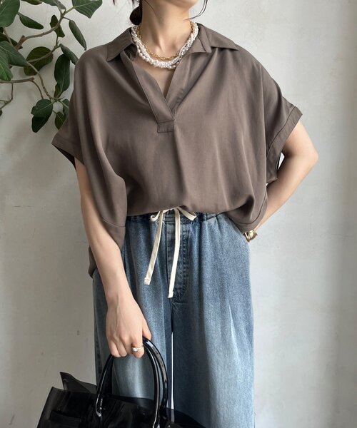 DouDou(ドゥドゥ)の「リヨセルツイルスキッパーシャツ(シャツ/ブラウス・レディース・ブラック/オフホワイト/モカ・FREE)」の19枚目の写真