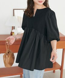 【WEB限定】異素材キーネックペプラムブラウス