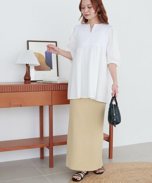 セール】【WEB限定】異素材キーネックペプラムブラウス（シャツ