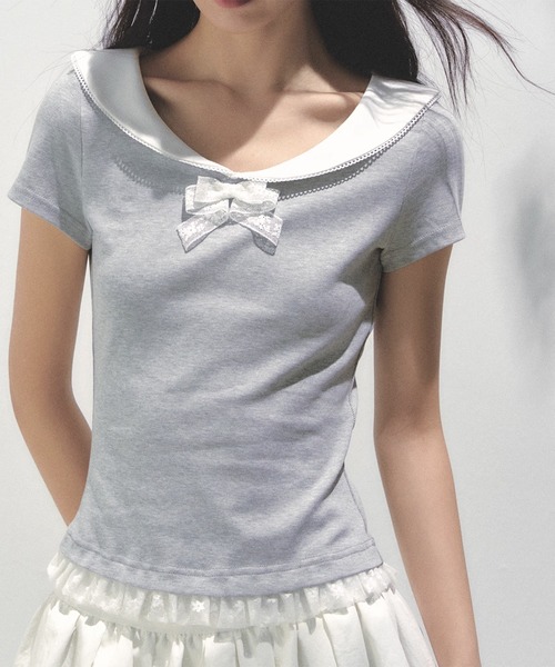 tシャツ ピーターパンカラーリボントップス SP25s086「SunsetPark」「2025SS」 レディース セール】ピーターパンカラーリボントップス SP25s086